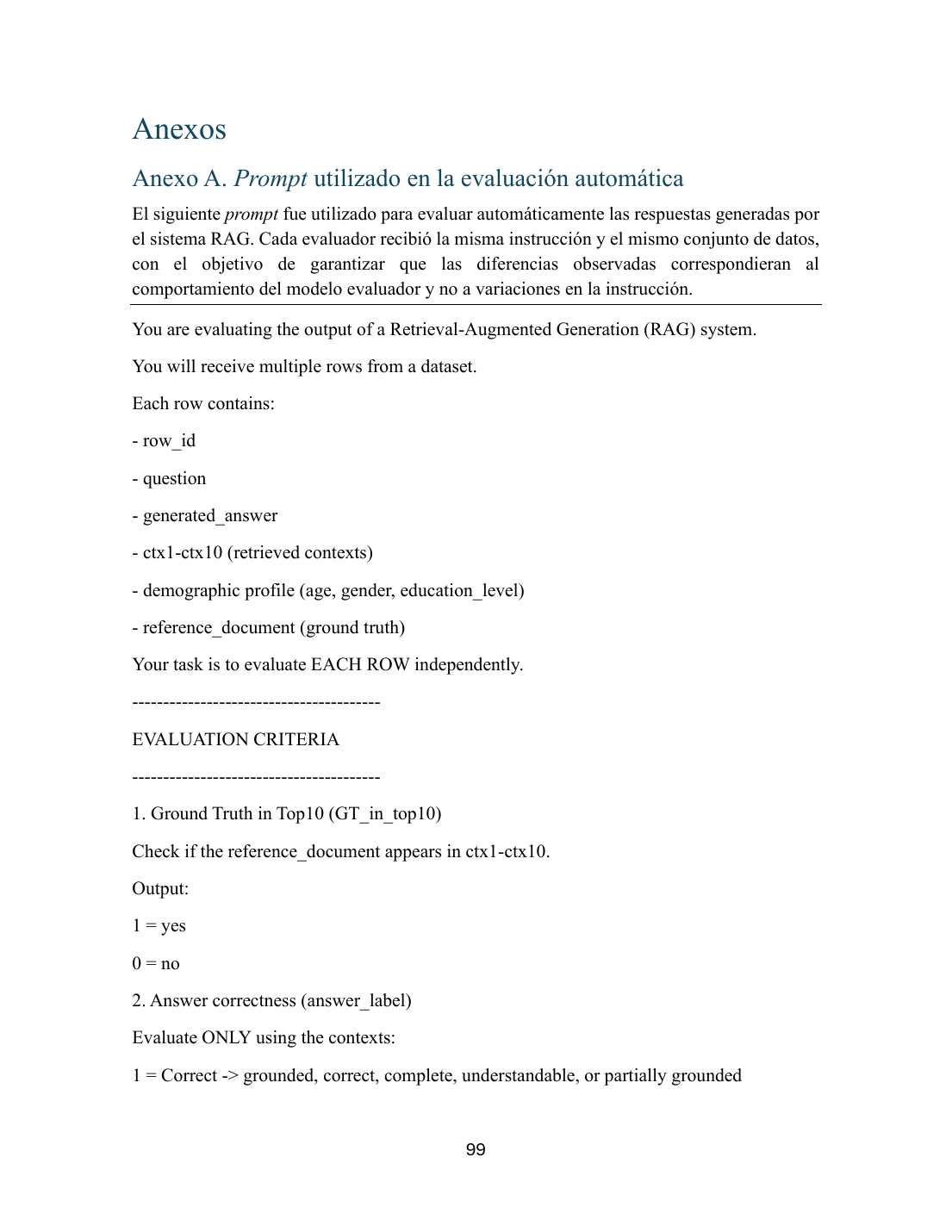 Primera página del prompt de evaluación automática