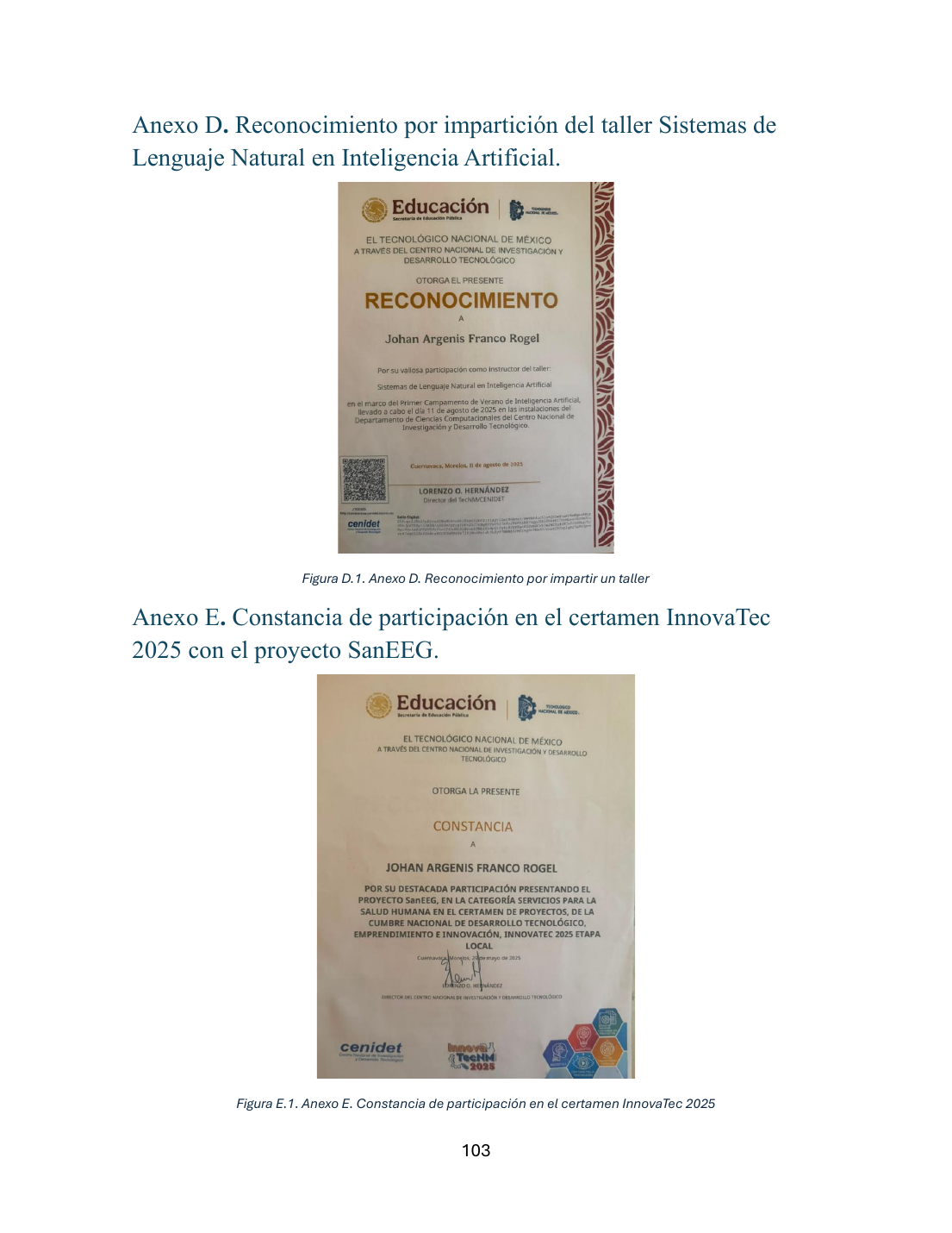 Reconocimiento por taller y constancia de InnovaTec 2025